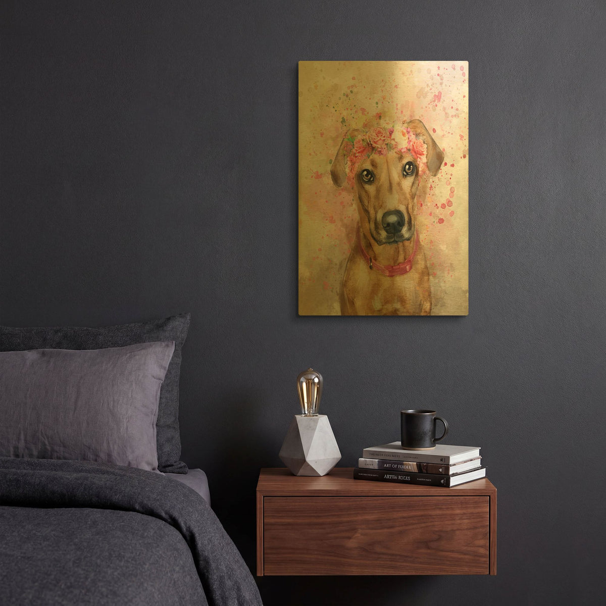 'Flower Crown Vizsla' By Furbaby Affiliates Gold Metal Wall Art