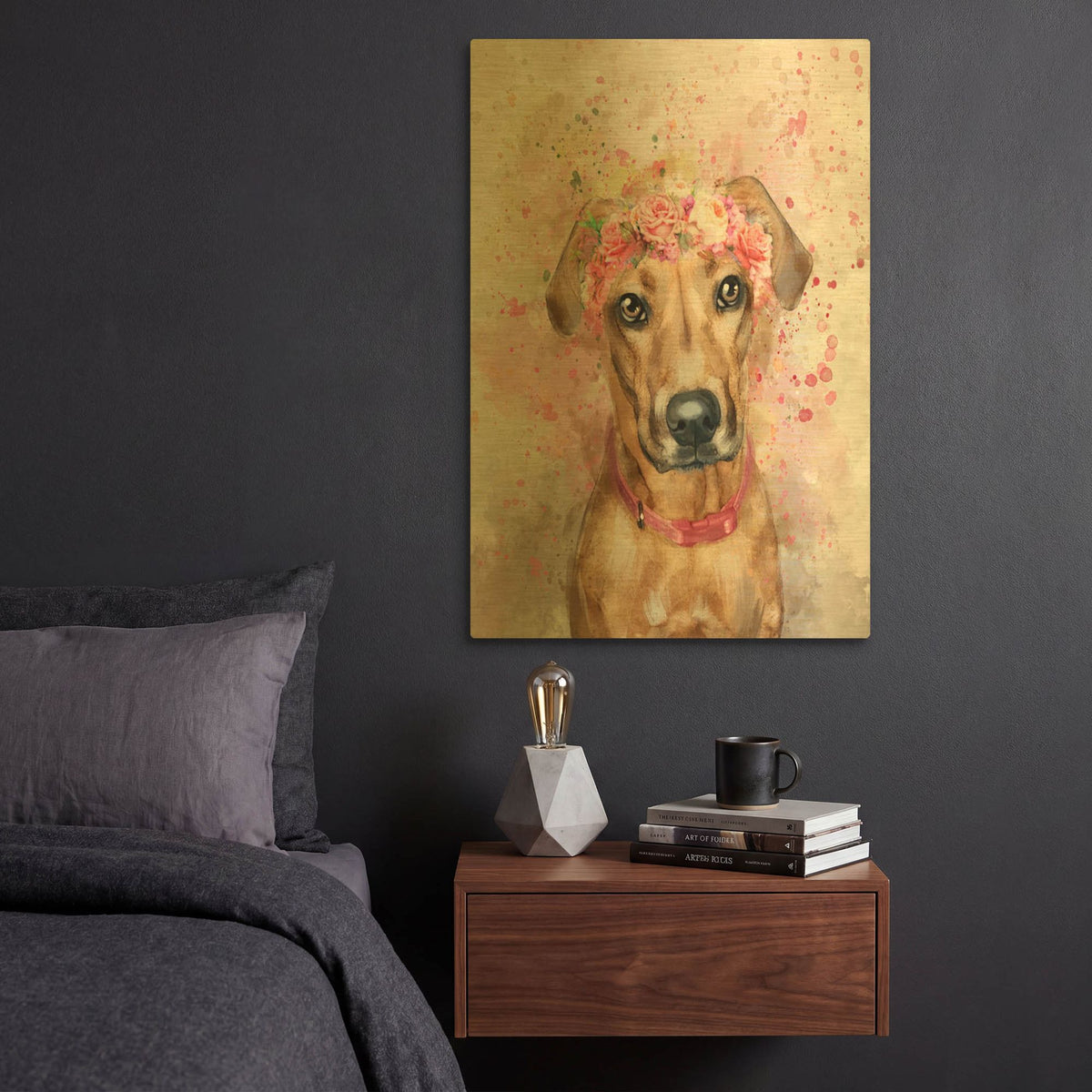 'Flower Crown Vizsla' By Furbaby Affiliates Gold Metal Wall Art