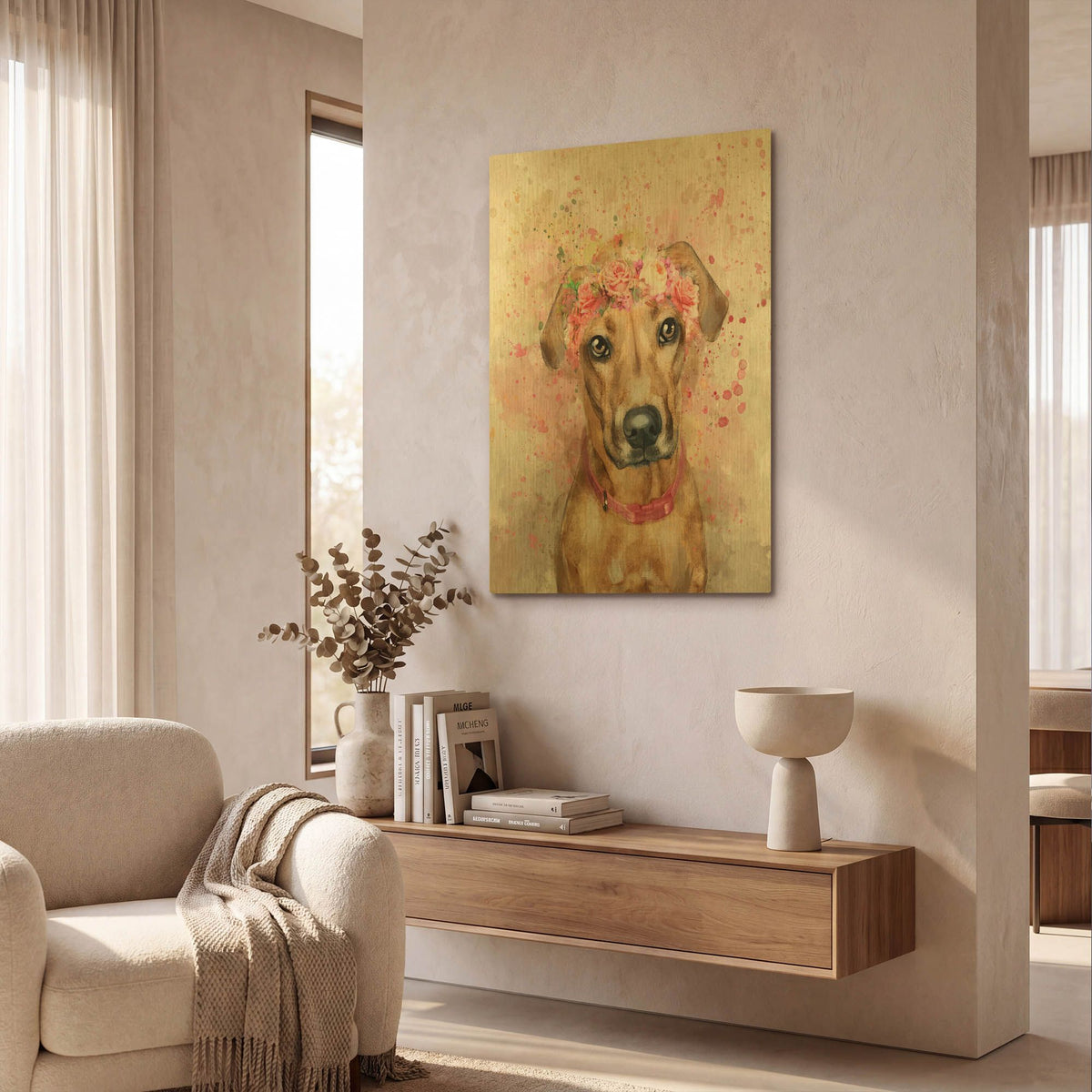 'Flower Crown Vizsla' By Furbaby Affiliates Gold Metal Wall Art