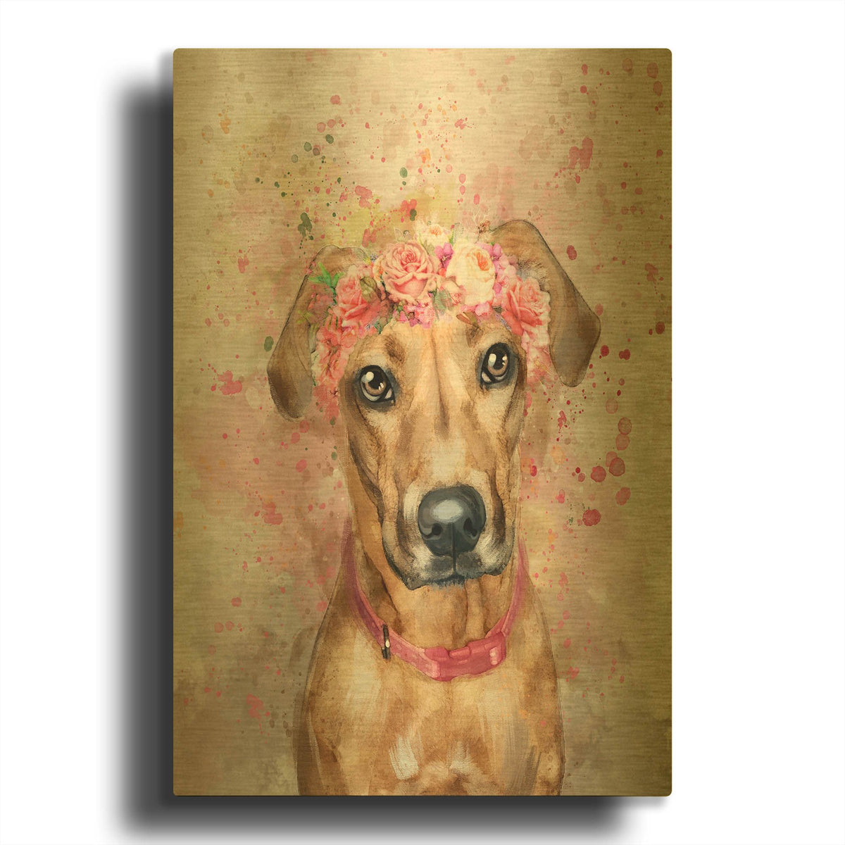 'Flower Crown Vizsla' By Furbaby Affiliates Gold Metal Wall Art