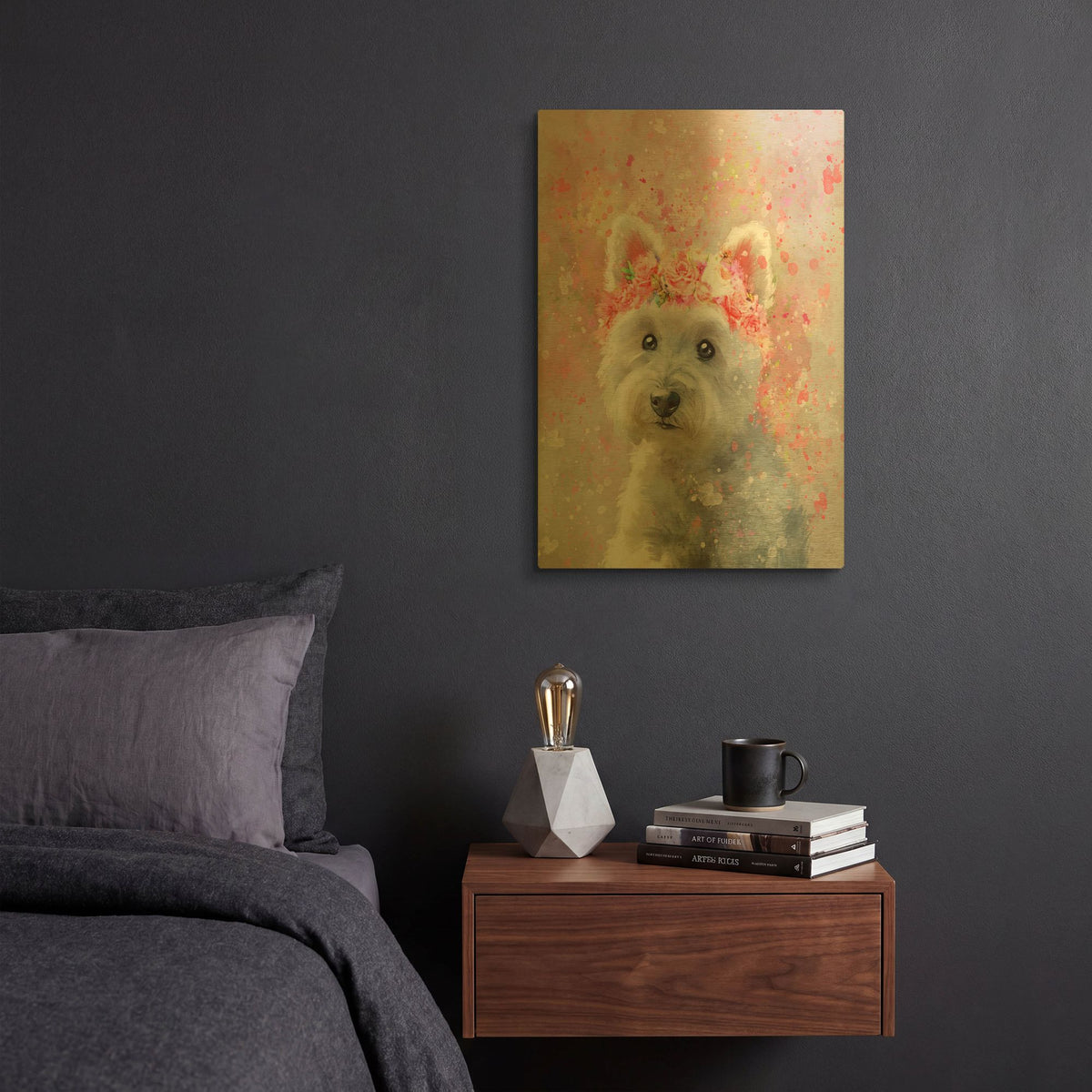 'Flower Crown West Highland Terrier 2' By Furbaby Affiliates Gold Metal Wall Art