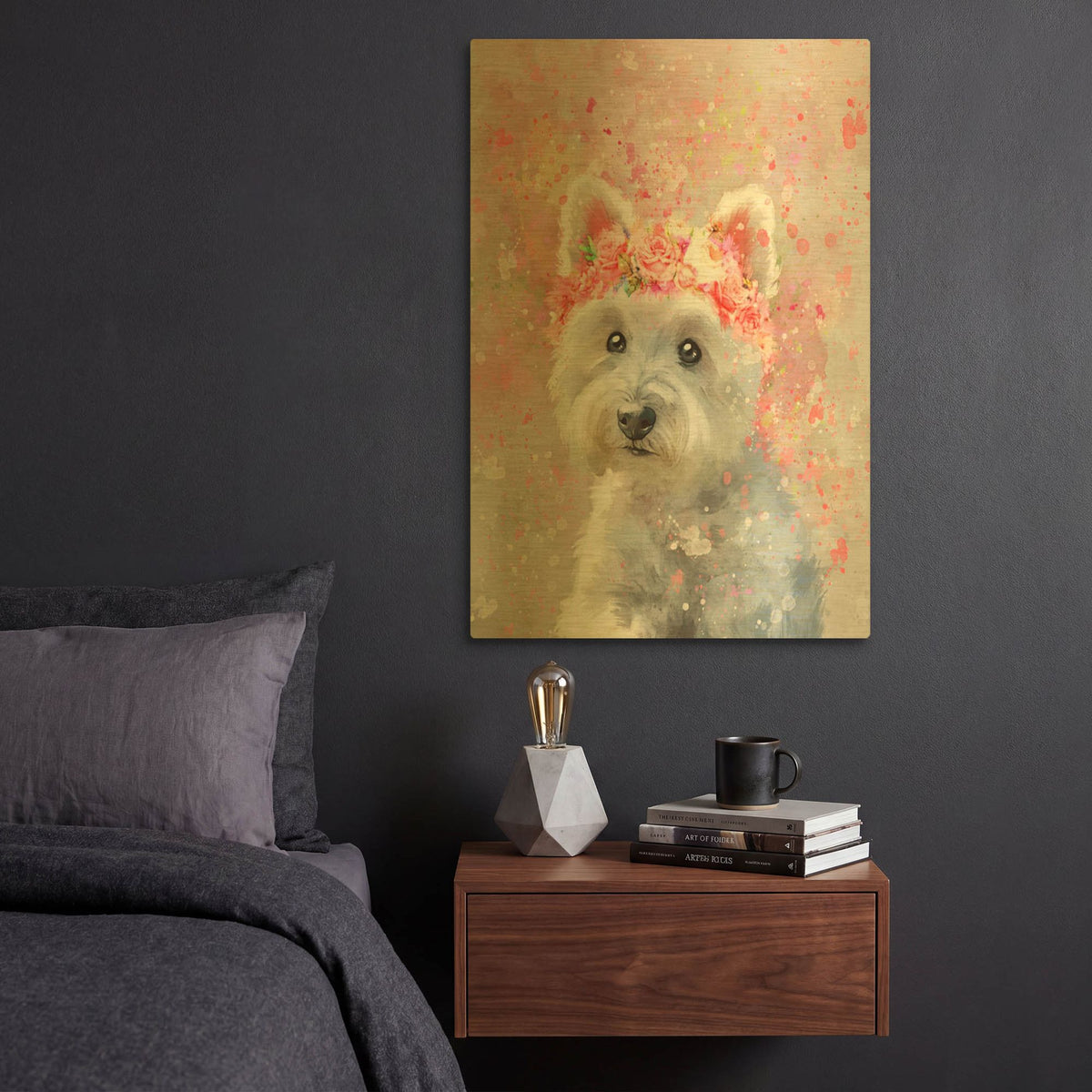 'Flower Crown West Highland Terrier 2' By Furbaby Affiliates Gold Metal Wall Art