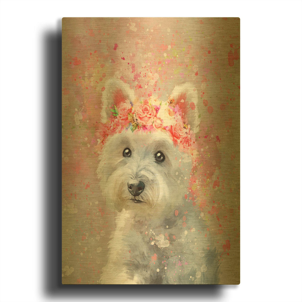 'Flower Crown West Highland Terrier 2' By Furbaby Affiliates Gold Metal Wall Art