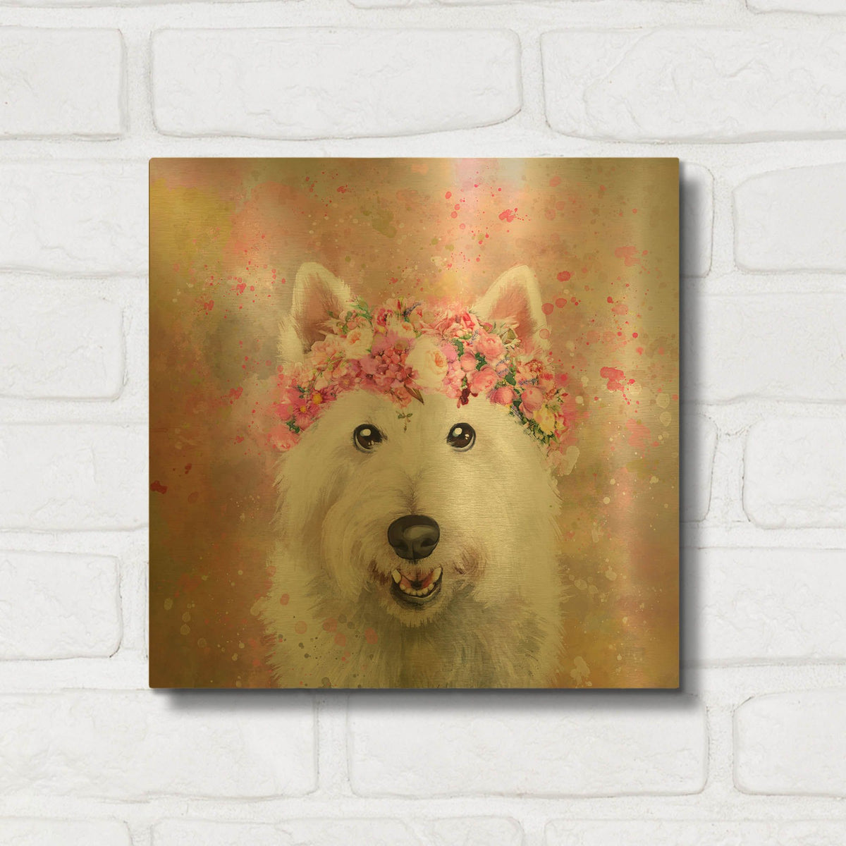 'Flower Crown West Highland Terrier' By Furbaby Affiliates Gold Metal Wall Art