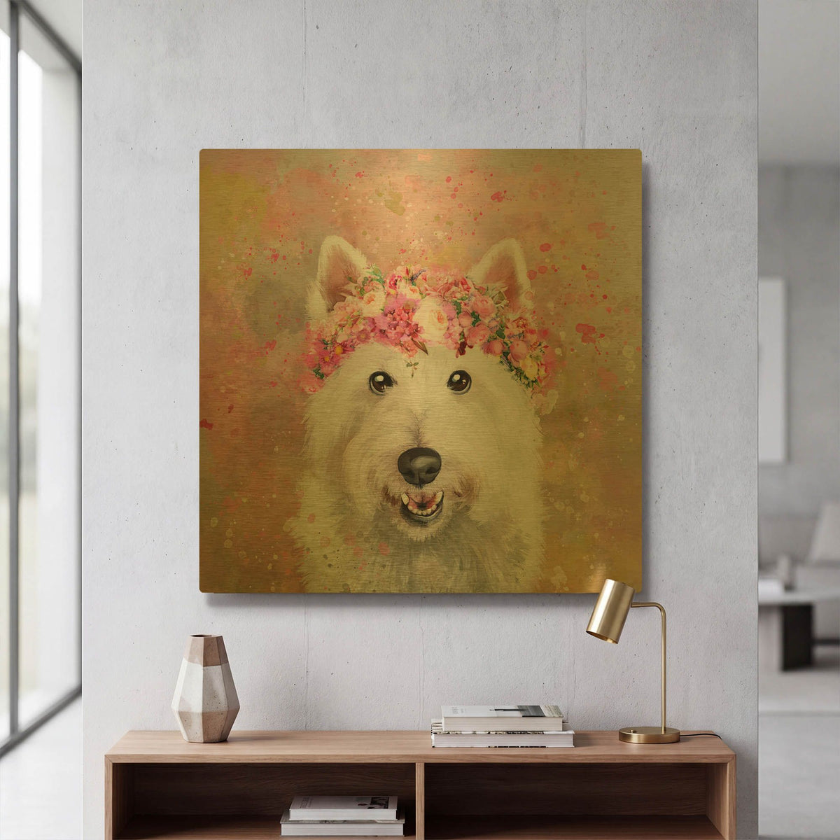 'Flower Crown West Highland Terrier' By Furbaby Affiliates Gold Metal Wall Art