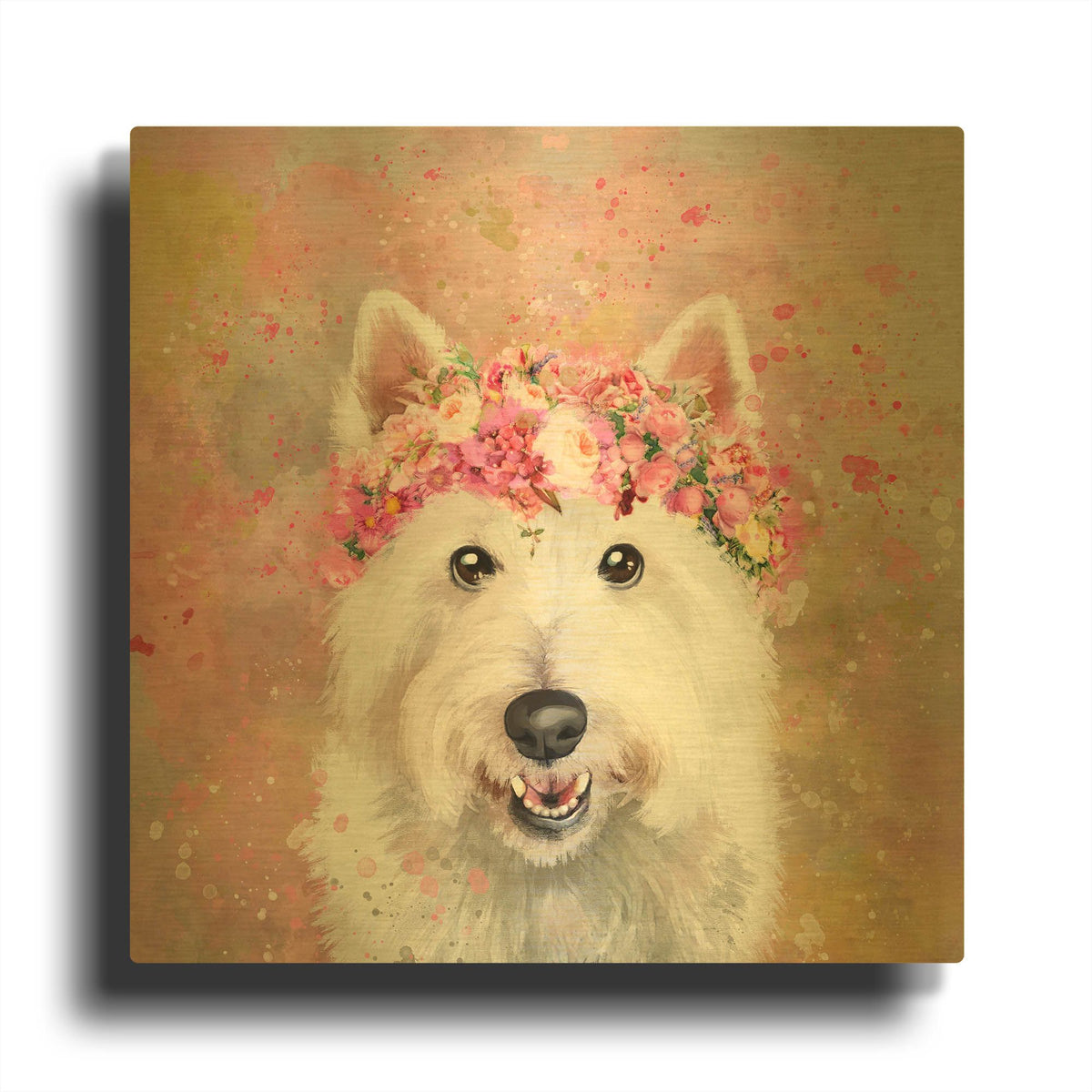 'Flower Crown West Highland Terrier' By Furbaby Affiliates Gold Metal Wall Art