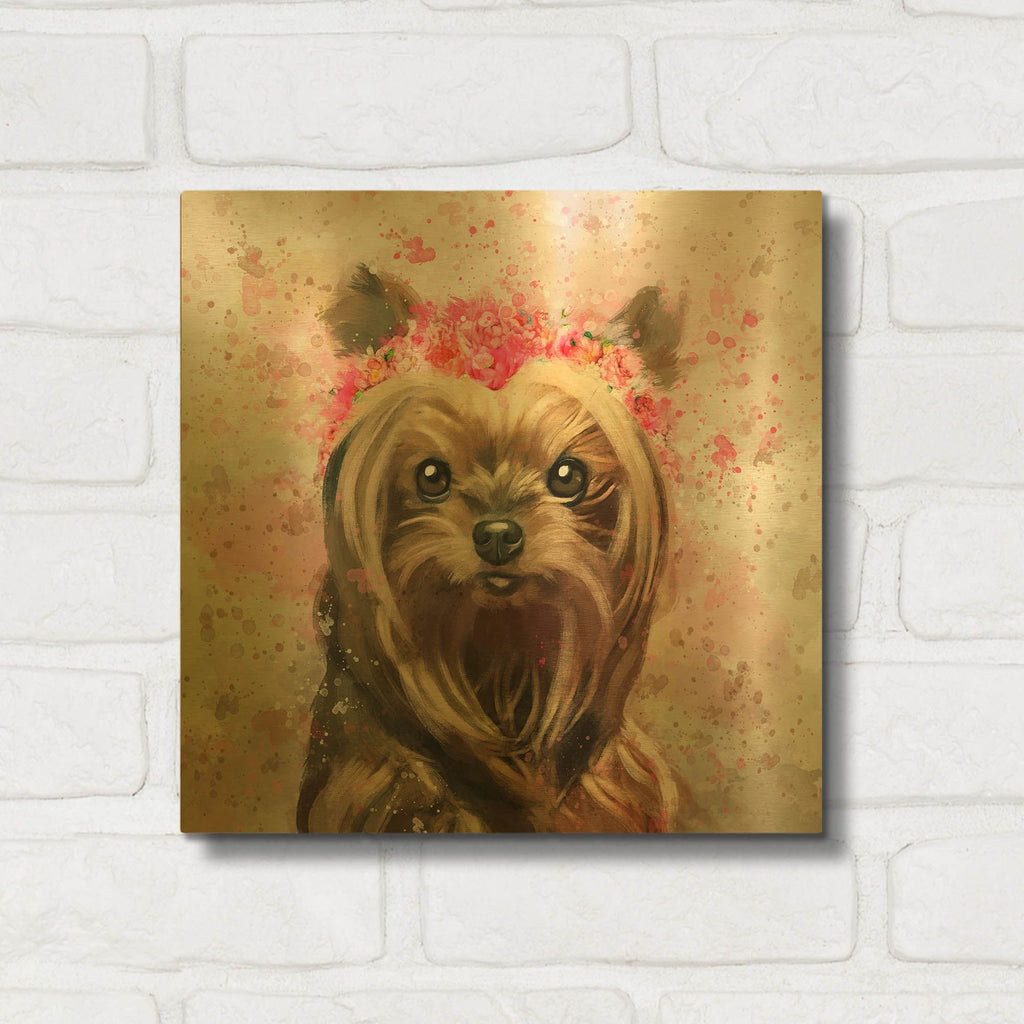 'Flower Crown Yorkshire Terrier 2' By Furbaby Affiliates Gold Metal Wall Art