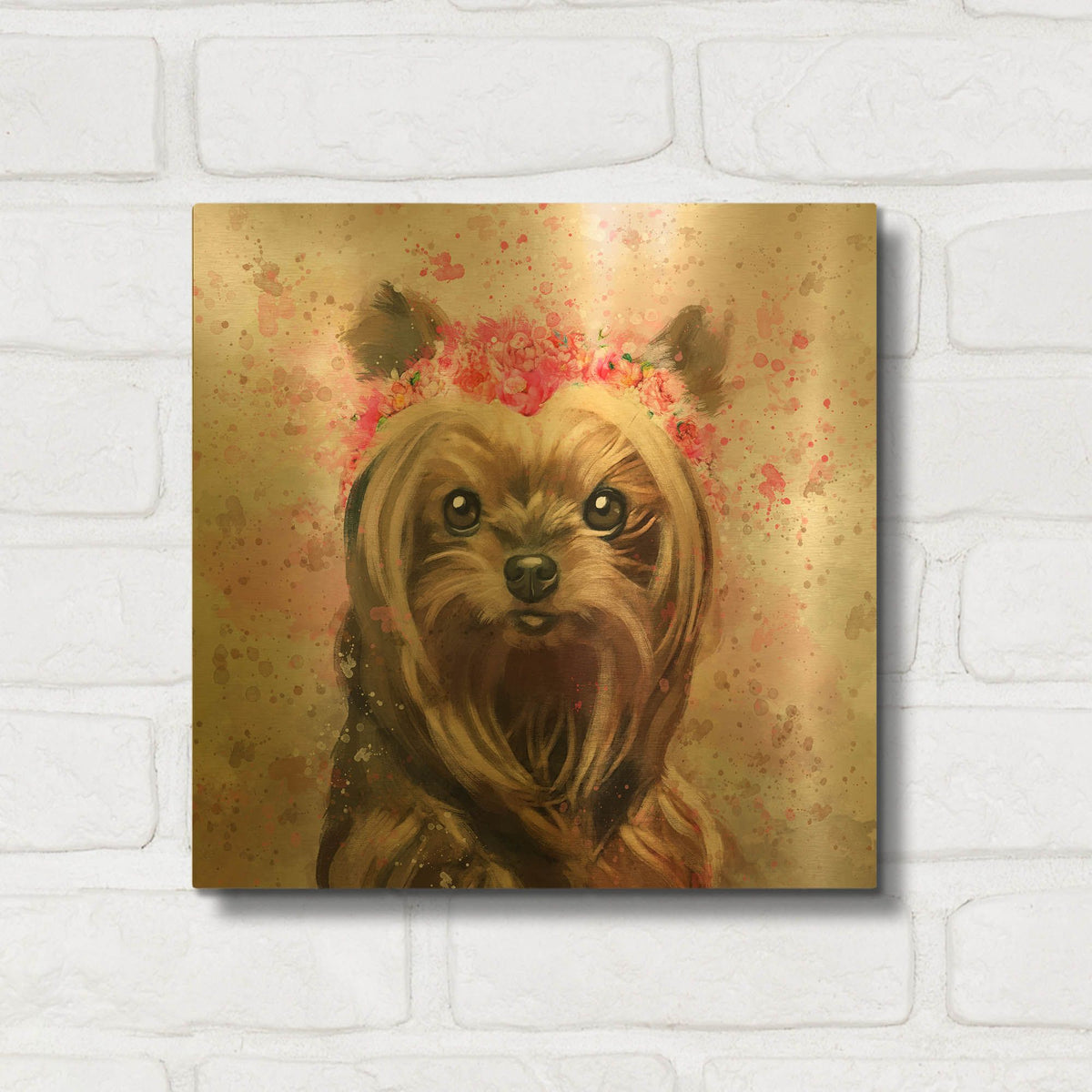 'Flower Crown Yorkshire Terrier 2' By Furbaby Affiliates Gold Metal Wall Art