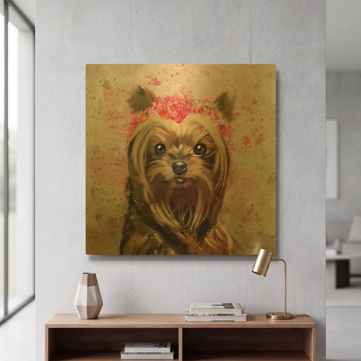 'Flower Crown Yorkshire Terrier 2' By Furbaby Affiliates Gold Metal Wall Art
