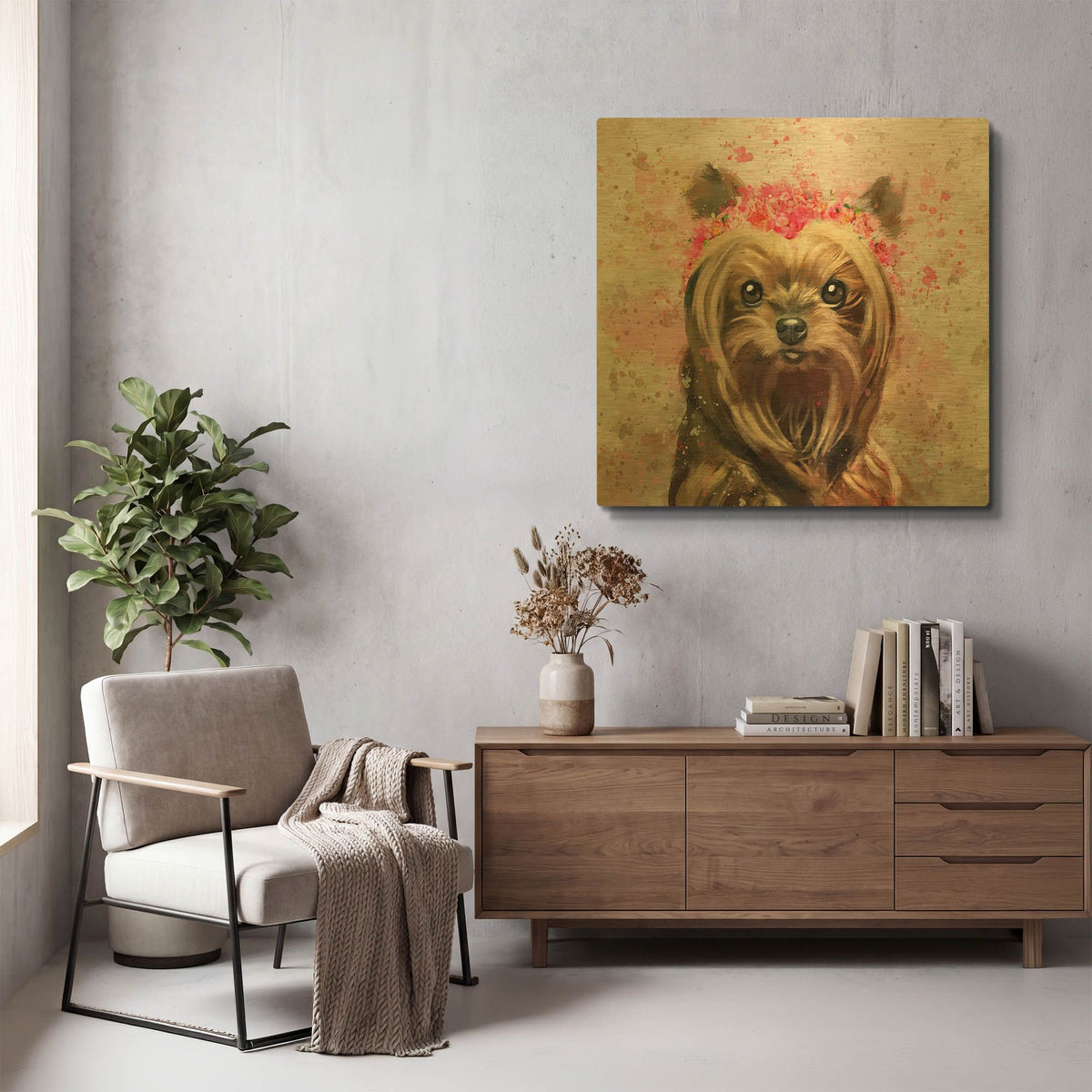'Flower Crown Yorkshire Terrier 2' By Furbaby Affiliates Gold Metal Wall Art