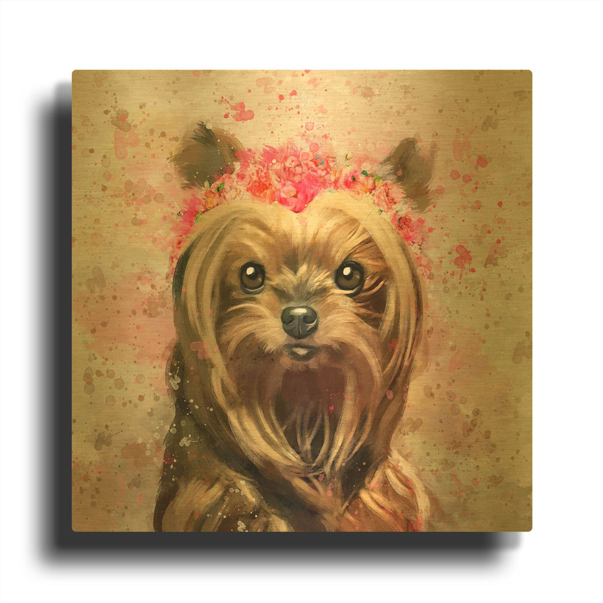 'Flower Crown Yorkshire Terrier 2' By Furbaby Affiliates Gold Metal Wall Art