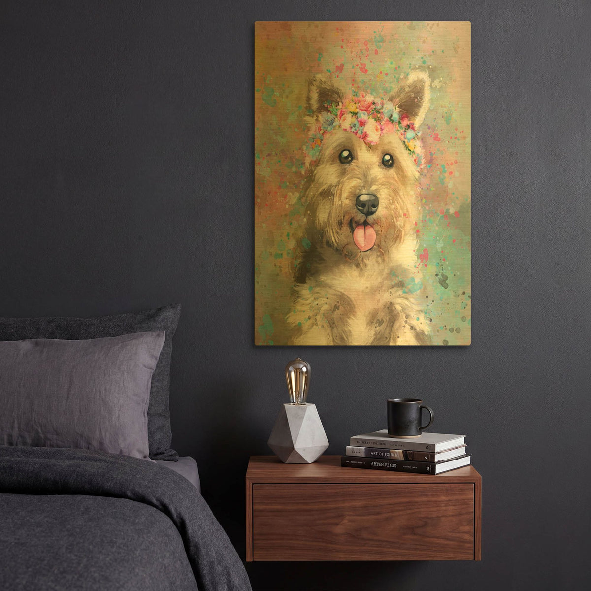'Flower Crown Yorkshire Terrier' By Furbaby Affiliates Gold Metal Wall Art