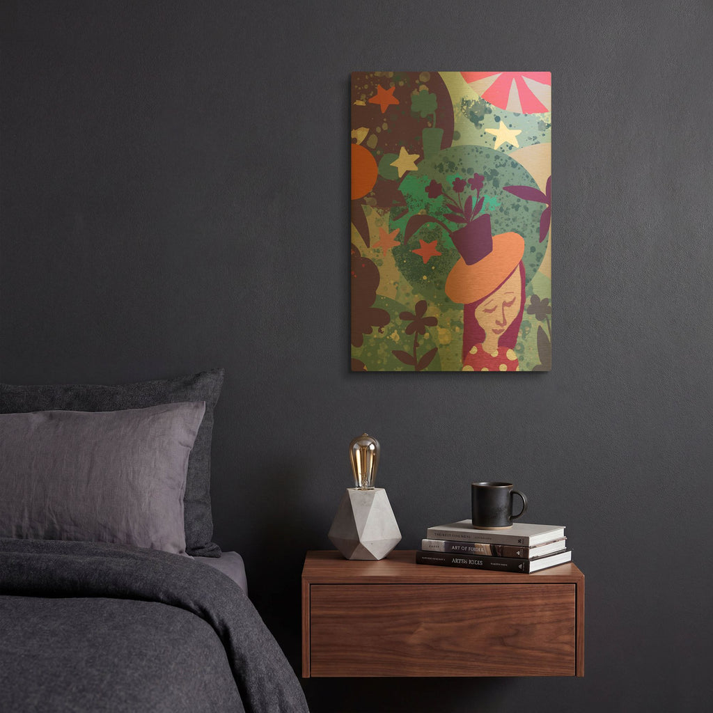 'Lady With Plant Hat' By Holly McGee Gold Metal Wall Art