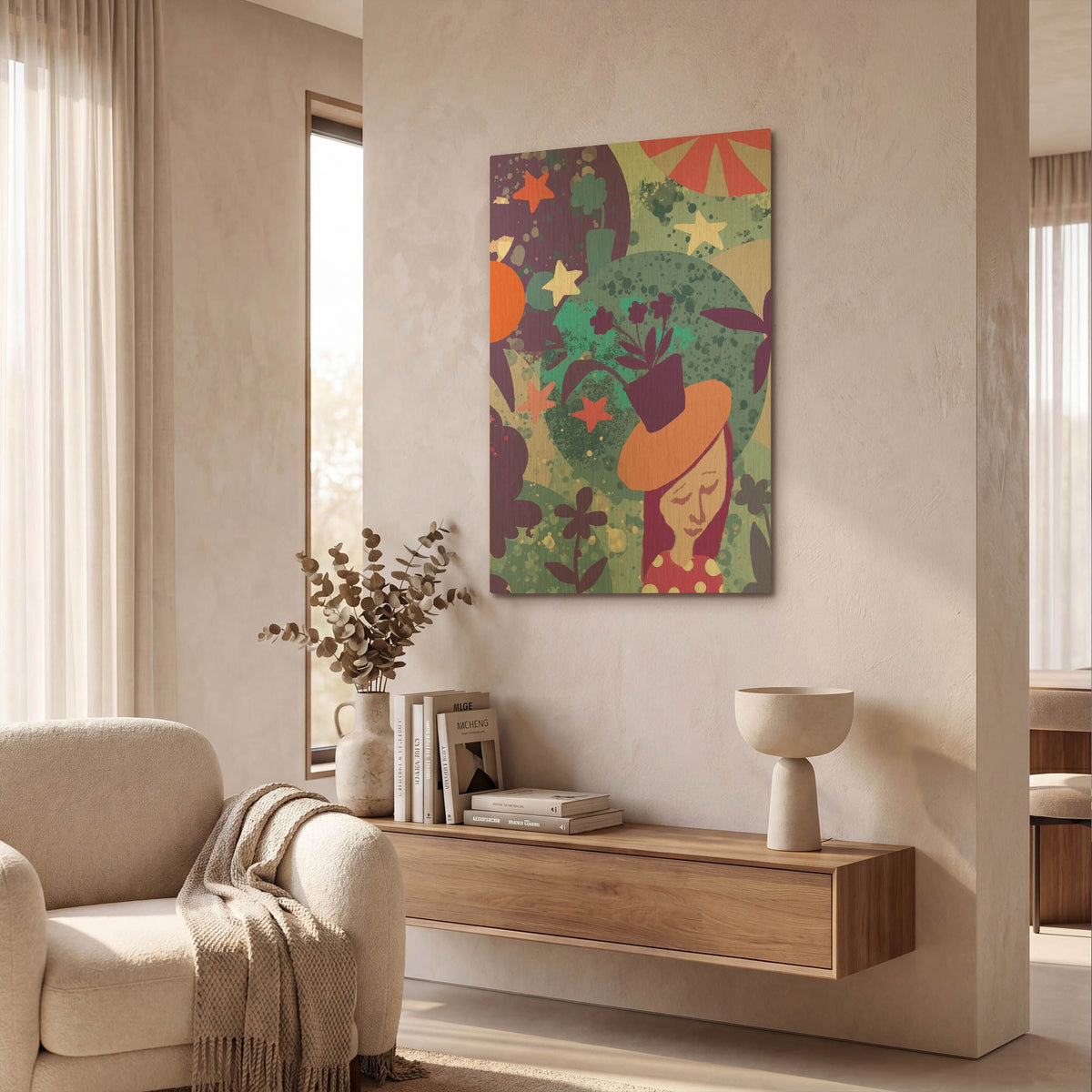 'Lady With Plant Hat' By Holly McGee Gold Metal Wall Art