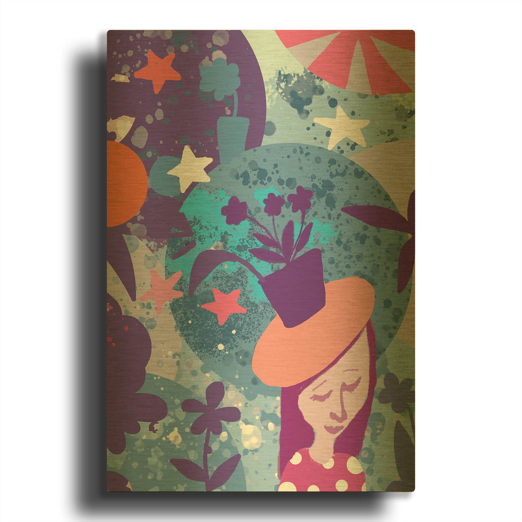'Lady With Plant Hat' By Holly McGee Gold Metal Wall Art
