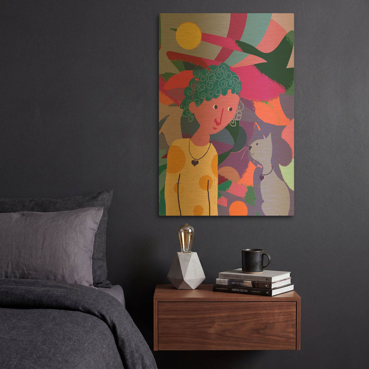 'Girl And Cat' By Holly McGee Gold Metal Wall Art