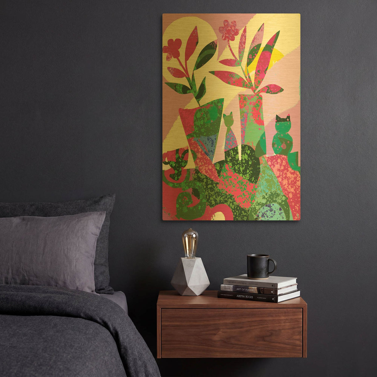 'Still Life With Two Cats And Lavender Sky' By Holly McGee Gold Metal Wall Art