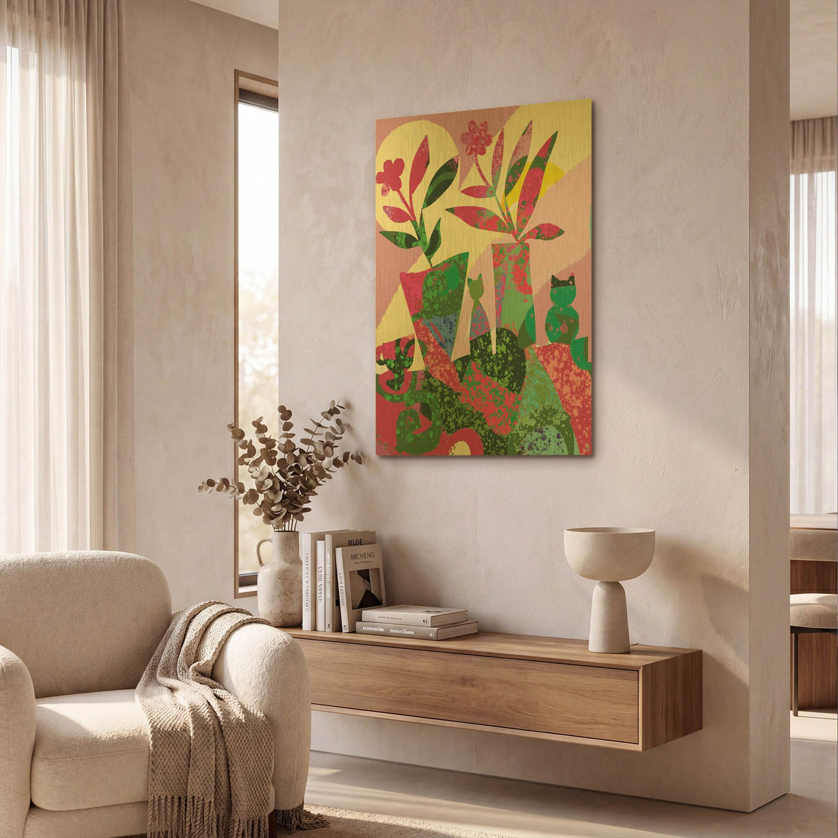 'Still Life With Two Cats And Lavender Sky' By Holly McGee Gold Metal Wall Art
