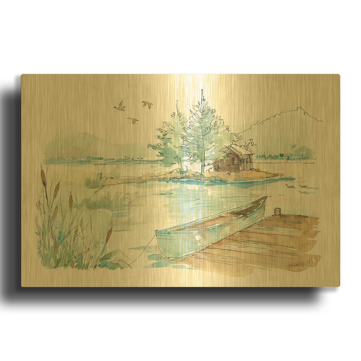 'Lakehouse II on White' By Anne Tavoletti Gold Metal Wall Art