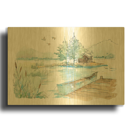 'Lakehouse II on White' By Anne Tavoletti Gold Metal Wall Art
