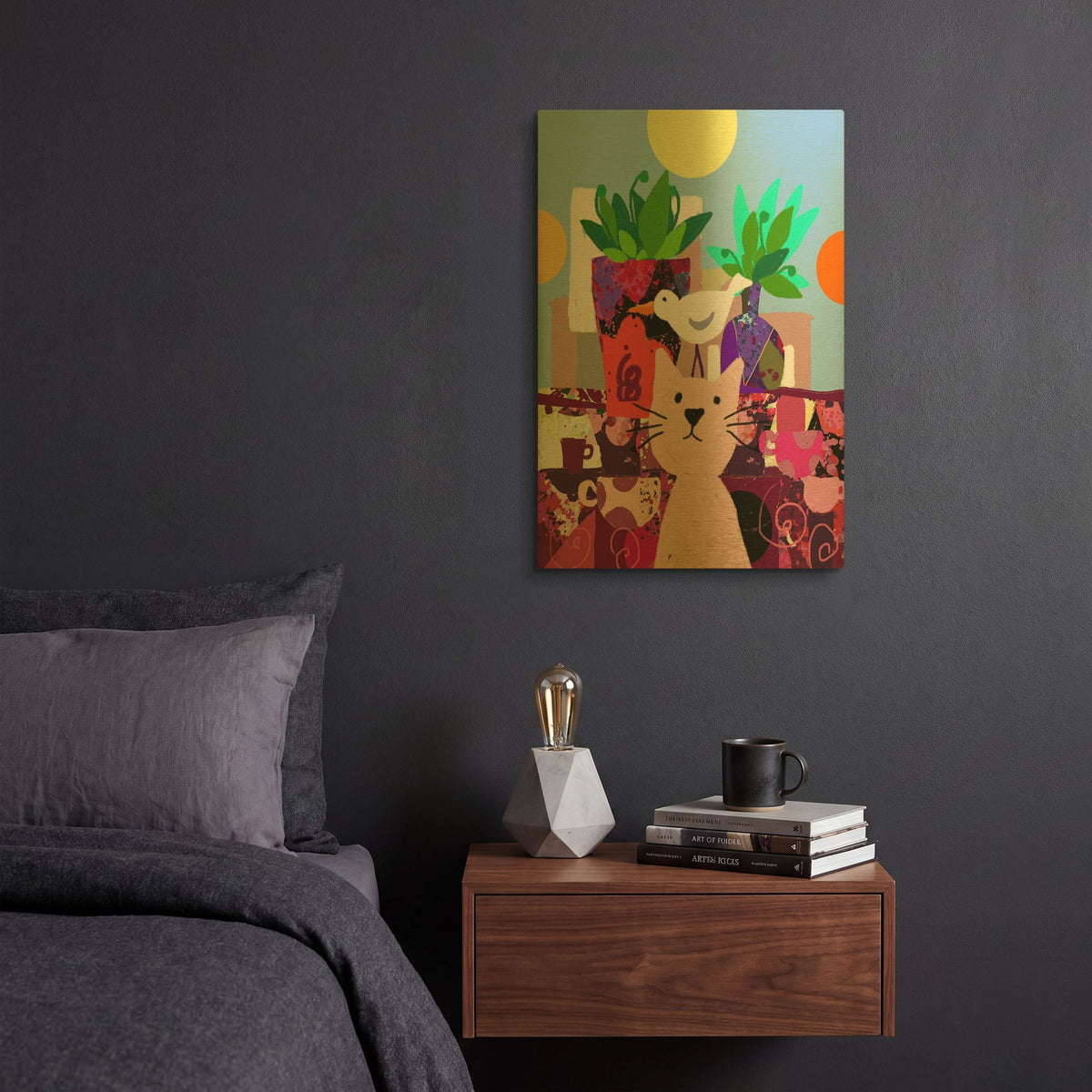 'Cat With Bird On Head' By Holly McGee Gold Metal Wall Art