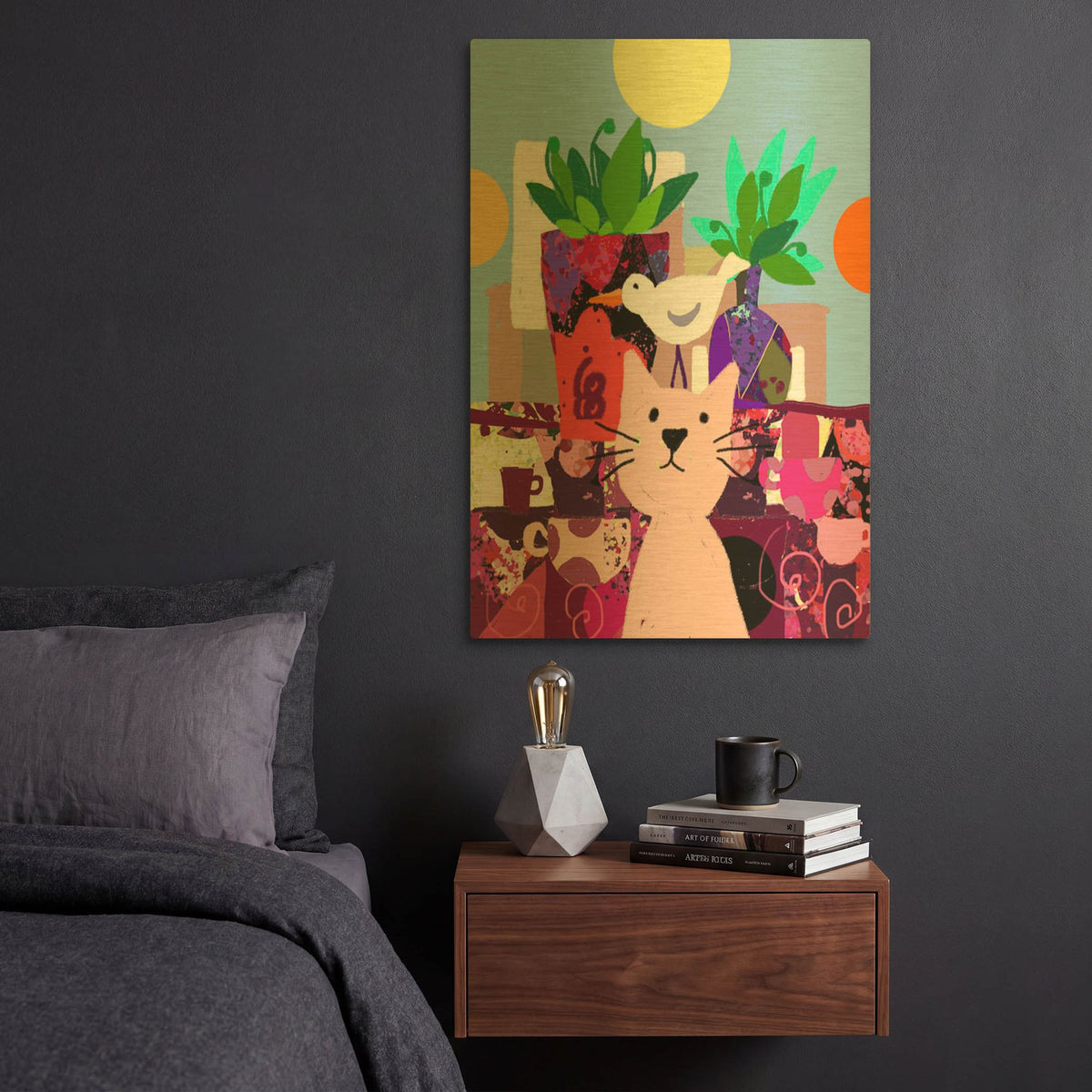 'Cat With Bird On Head' By Holly McGee Gold Metal Wall Art
