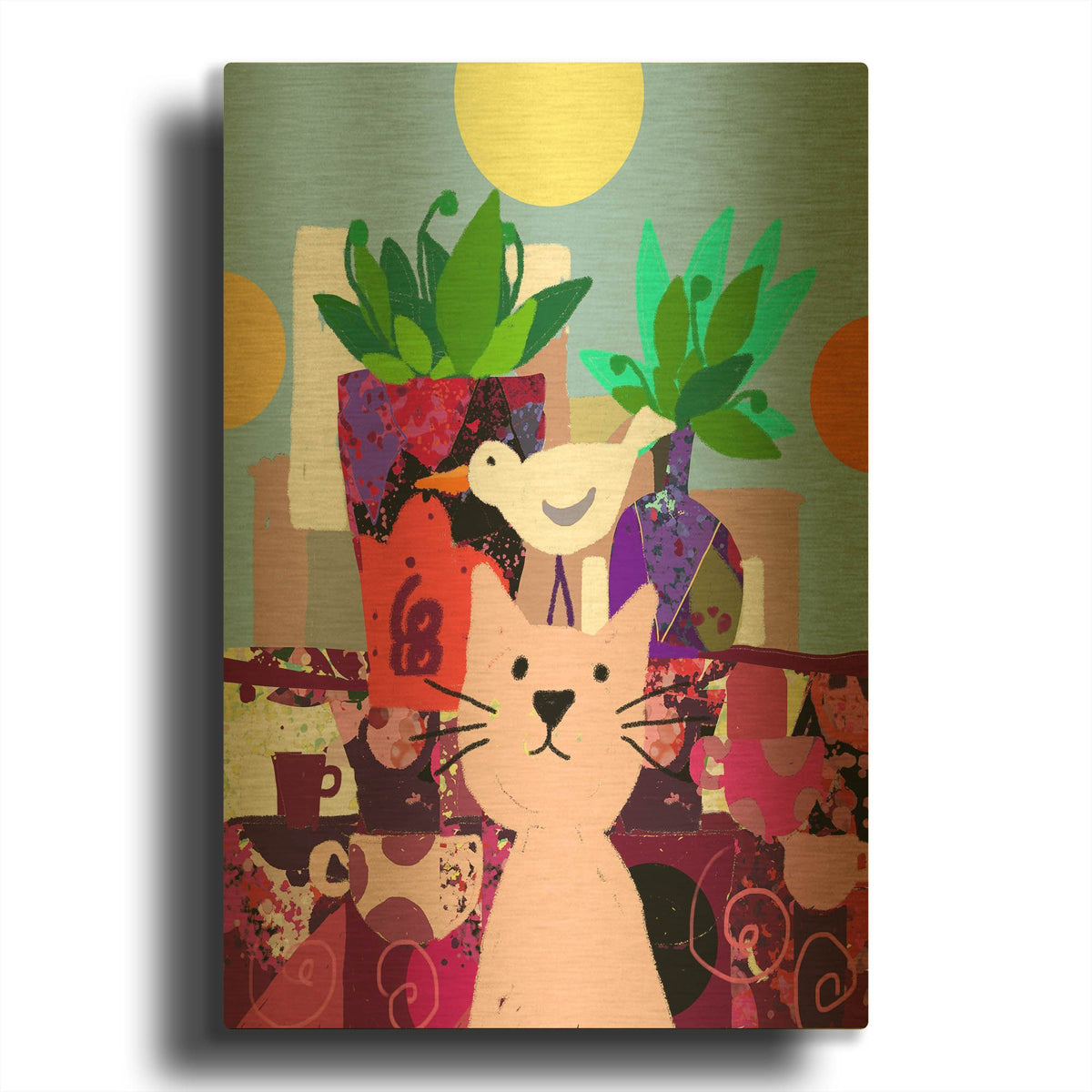 'Cat With Bird On Head' By Holly McGee Gold Metal Wall Art