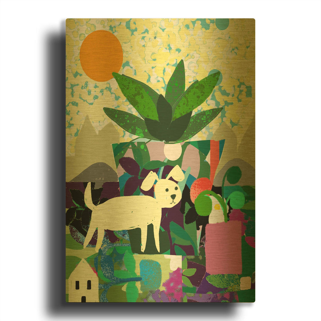 'Collage With Dog And Plant' By Holly McGee Gold Metal Wall Art