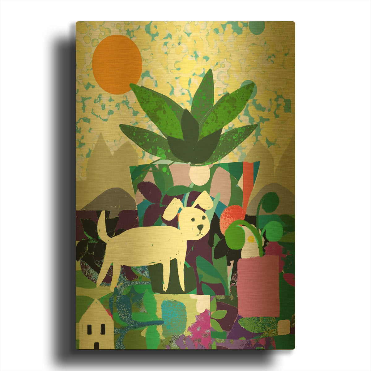 'Collage With Dog And Plant' By Holly McGee Gold Metal Wall Art