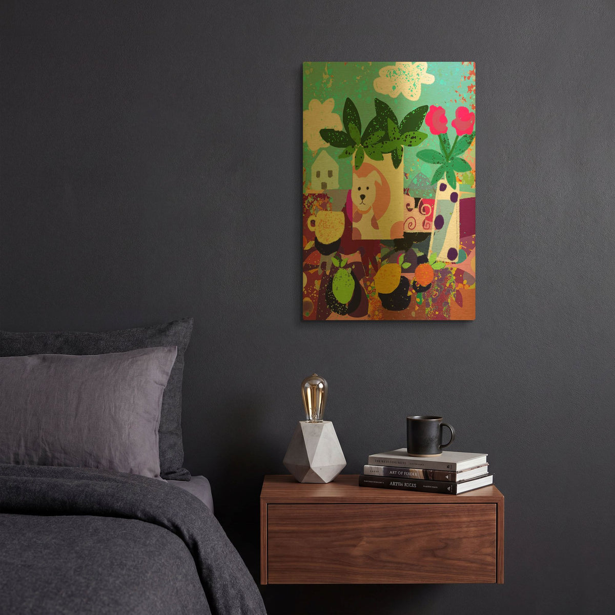 'Dog Vase Collage' By Holly McGee Gold Metal Wall Art