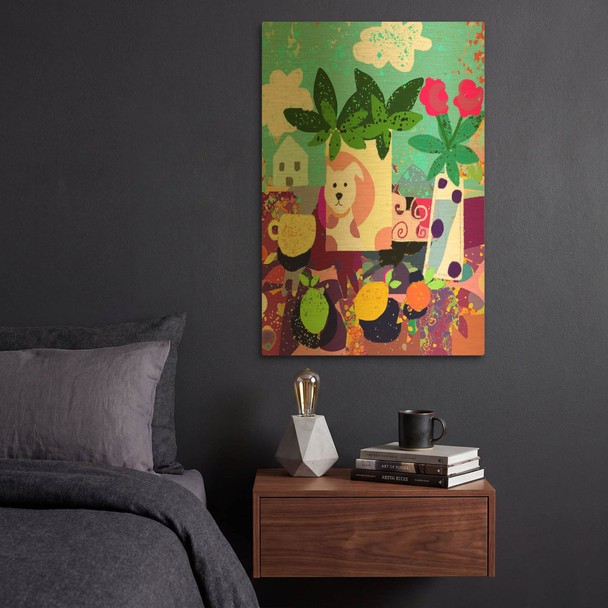 'Dog Vase Collage' By Holly McGee Gold Metal Wall Art