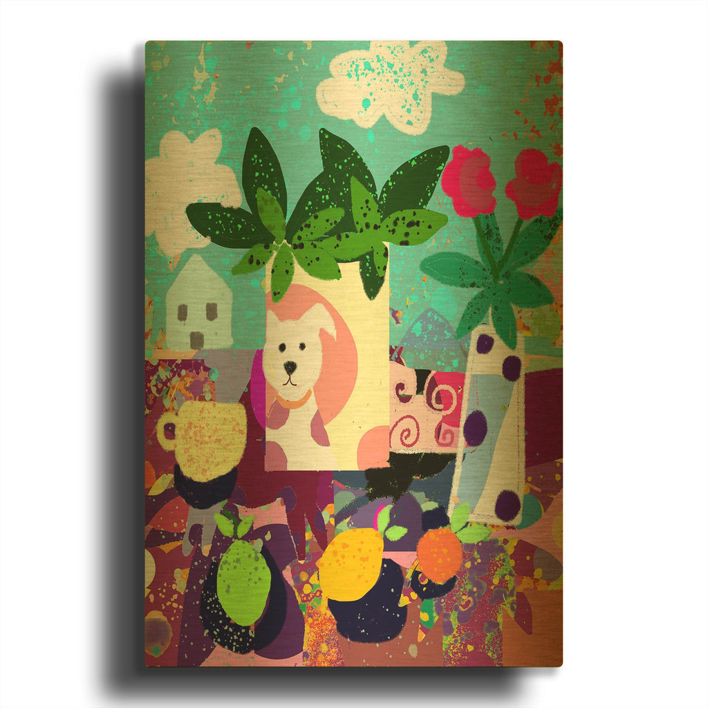 'Dog Vase Collage' By Holly McGee Gold Metal Wall Art