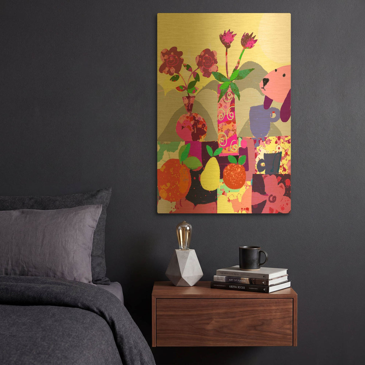 'Lavender Dog With Fruits' By Holly McGee Gold Metal Wall Art