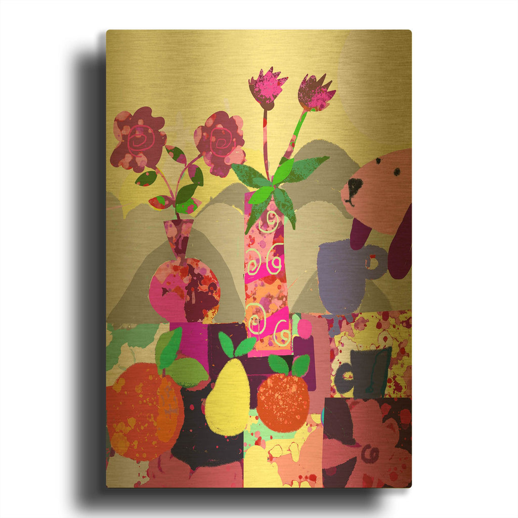 'Lavender Dog With Fruits' By Holly McGee Gold Metal Wall Art