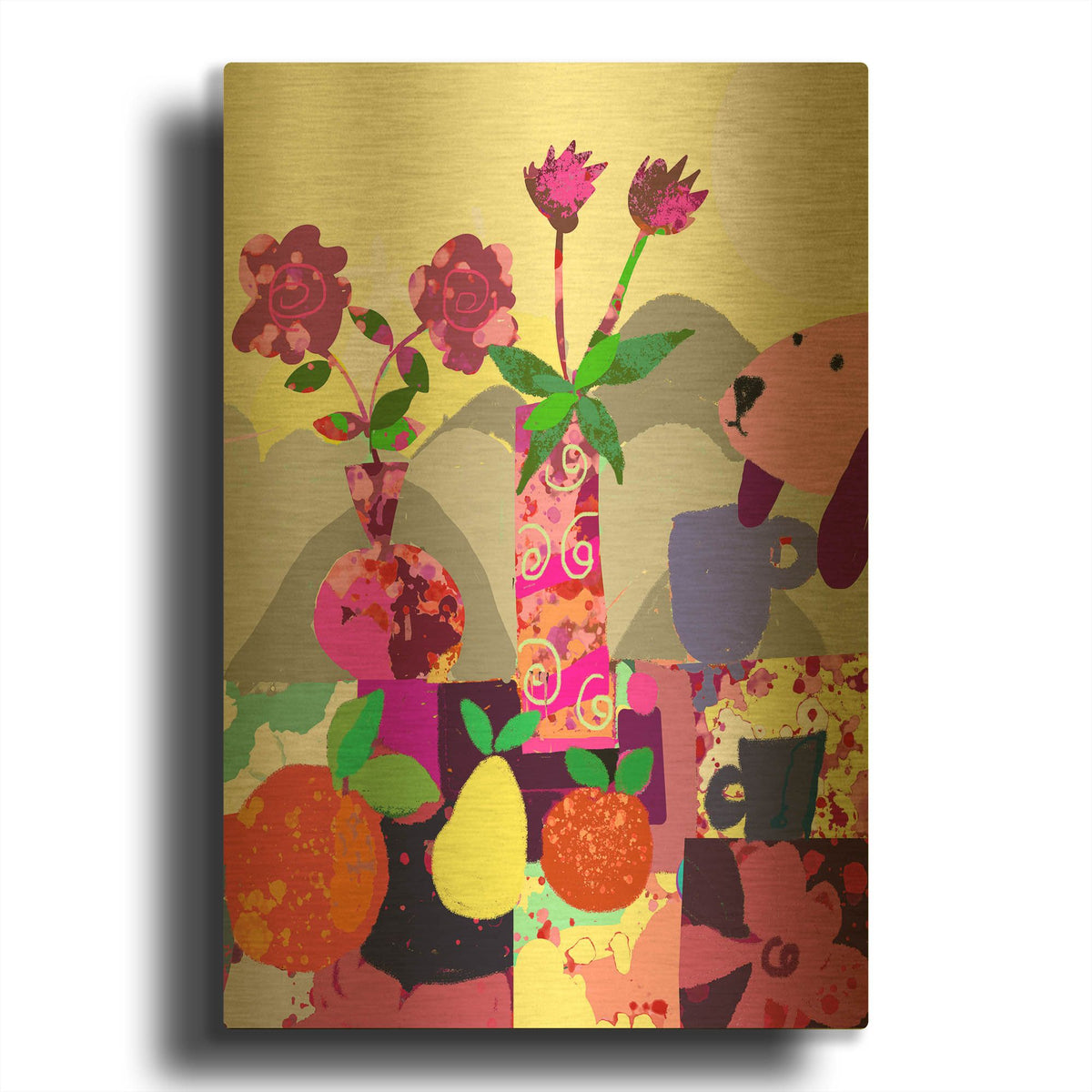 'Lavender Dog With Fruits' By Holly McGee Gold Metal Wall Art