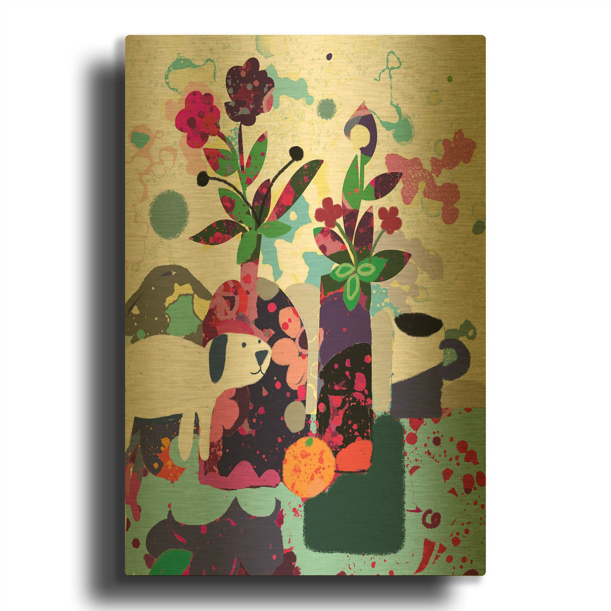 'Smiling Dog Still Life' By Holly McGee Gold Metal Wall Art