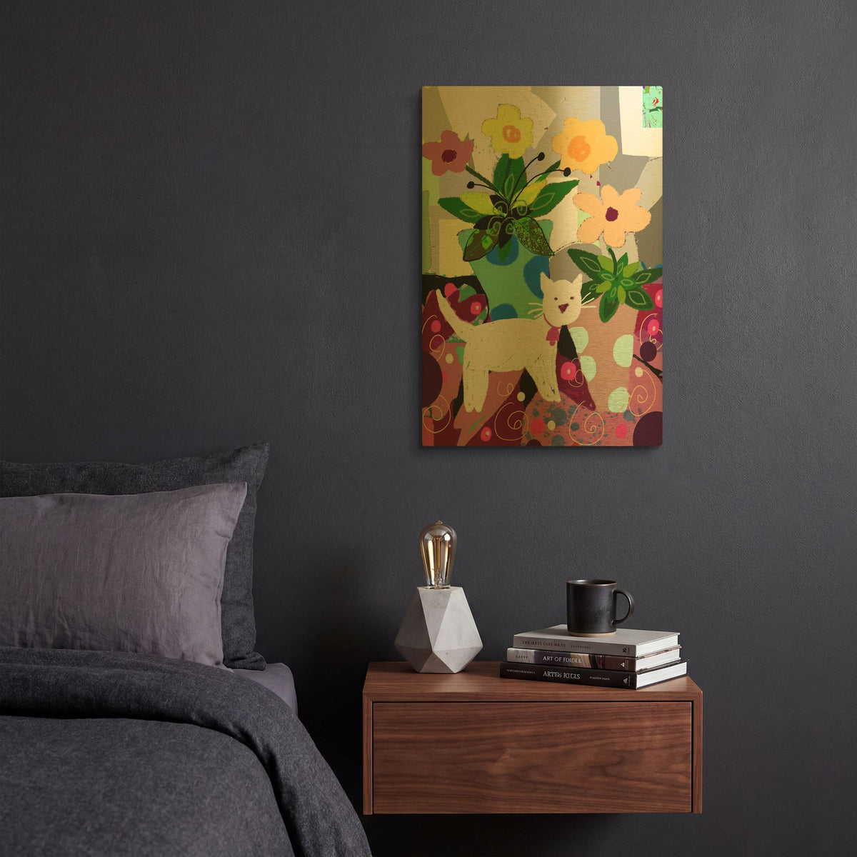 'White Kitty And Flowers' By Holly McGee Gold Metal Wall Art