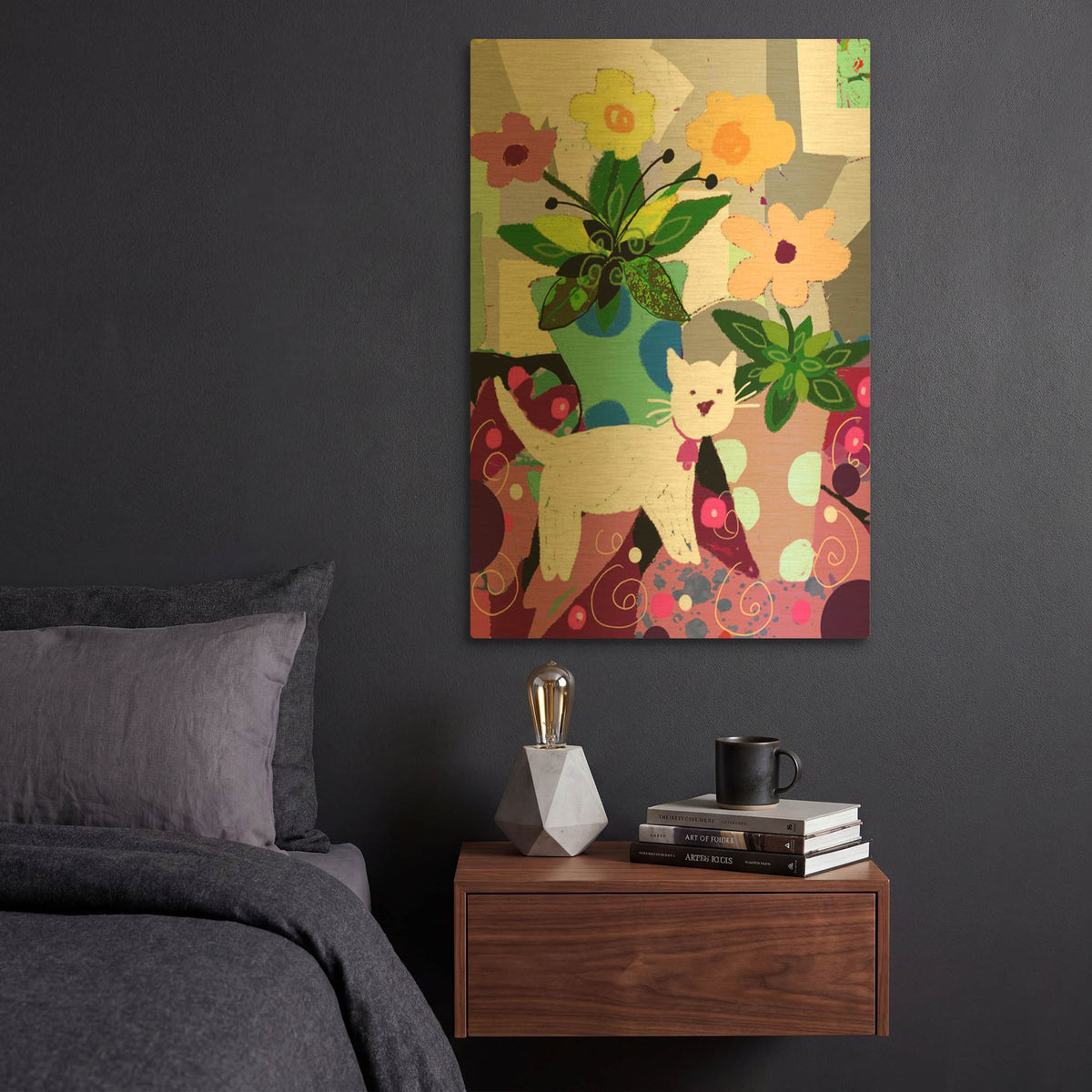 'White Kitty And Flowers' By Holly McGee Gold Metal Wall Art
