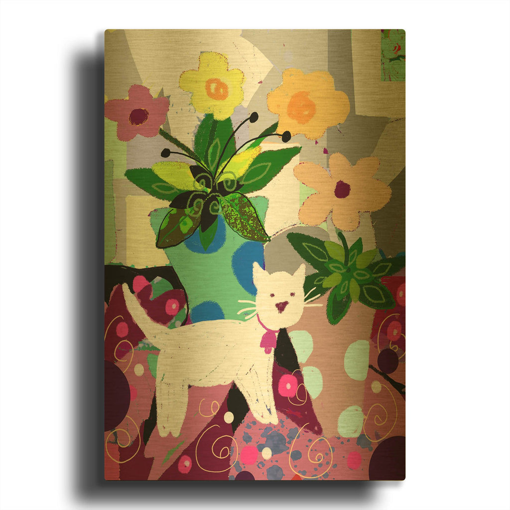 'White Kitty And Flowers' By Holly McGee Gold Metal Wall Art