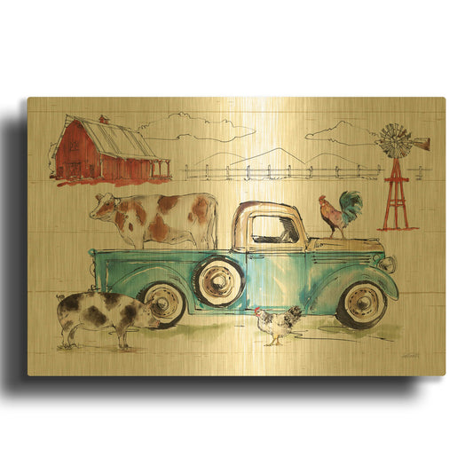 'Down on the Farm I' By Anne Tavoletti Gold Metal Wall Art