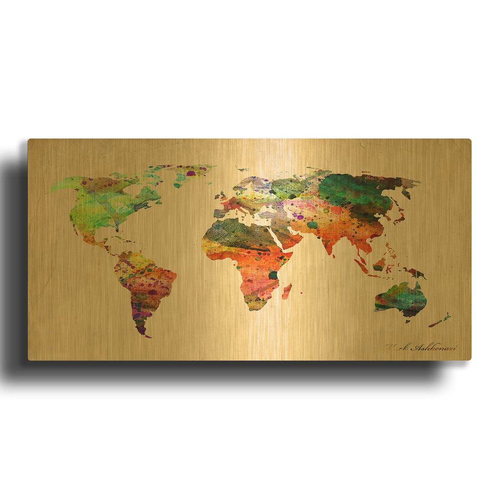 'Watercolor World Map' By Mark Ashkenazi Gold Metal Wall Art