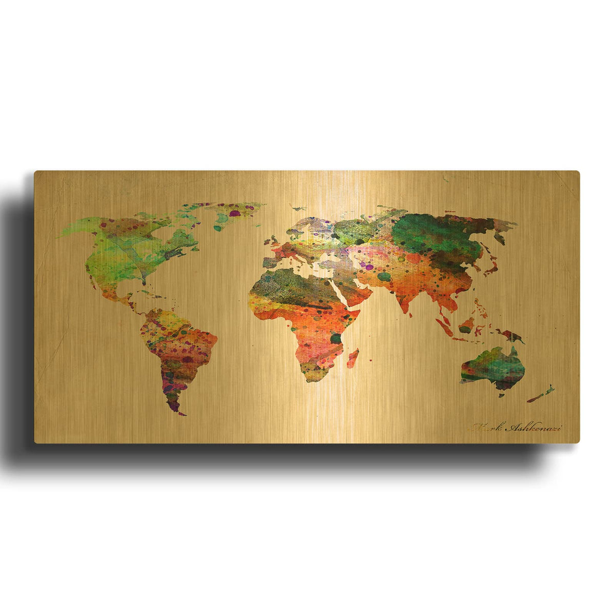 'Watercolor World Map' By Mark Ashkenazi Gold Metal Wall Art
