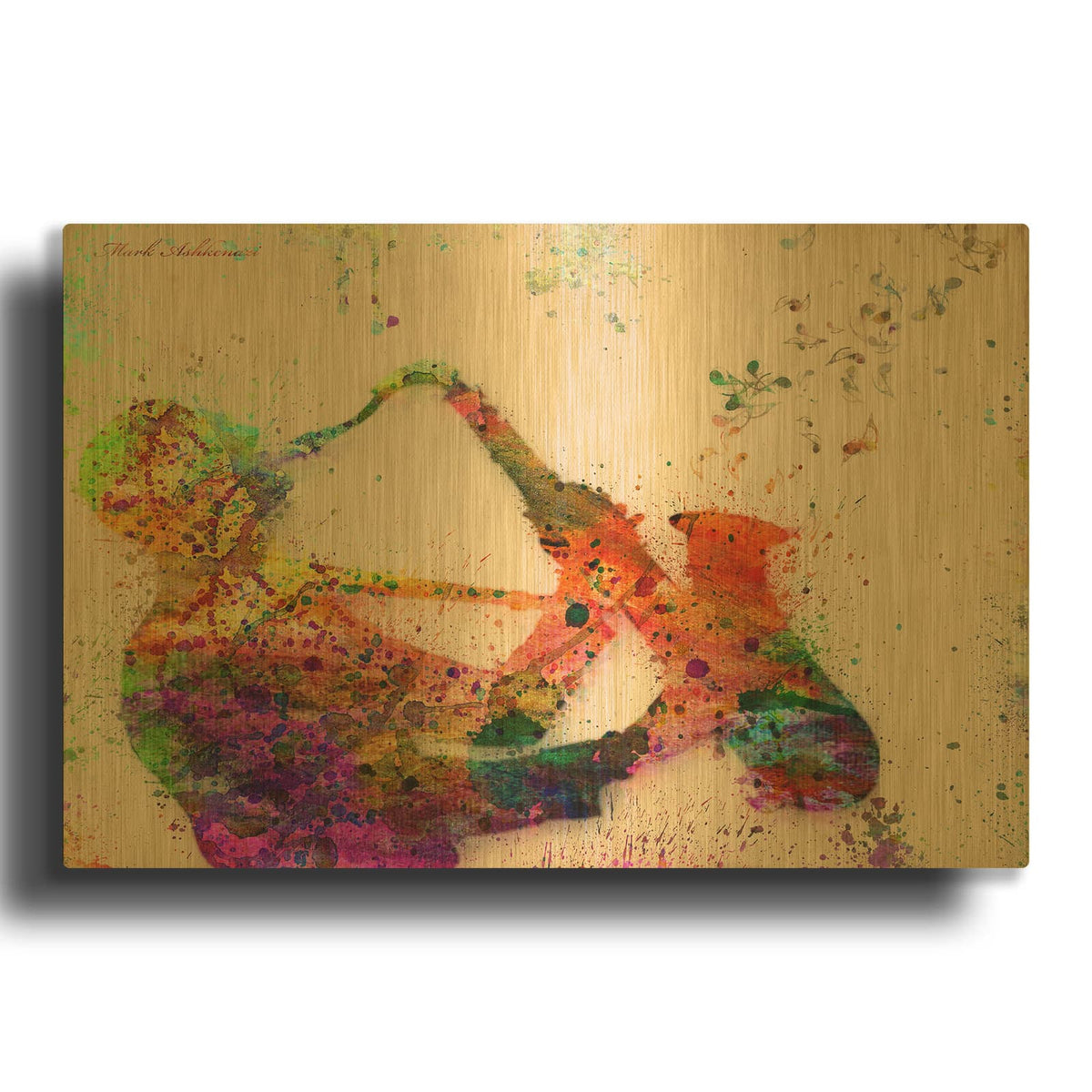 'Watercolor Saxophone' By Mark Ashkenazi Gold Metal Wall Art