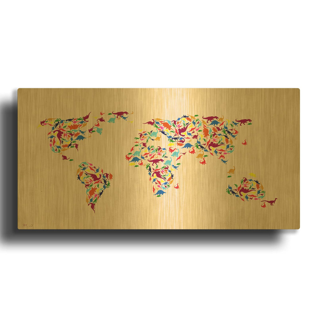 'Dino Map Of The Workld 2' By Mark Ashkenazi Gold Metal Wall Art