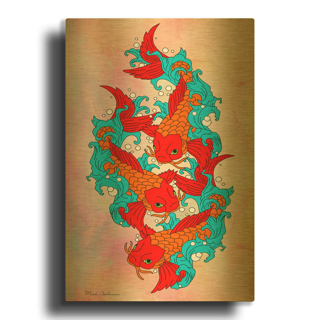 'Koi Fish 5' By Mark Ashkenazi Gold Metal Wall Art