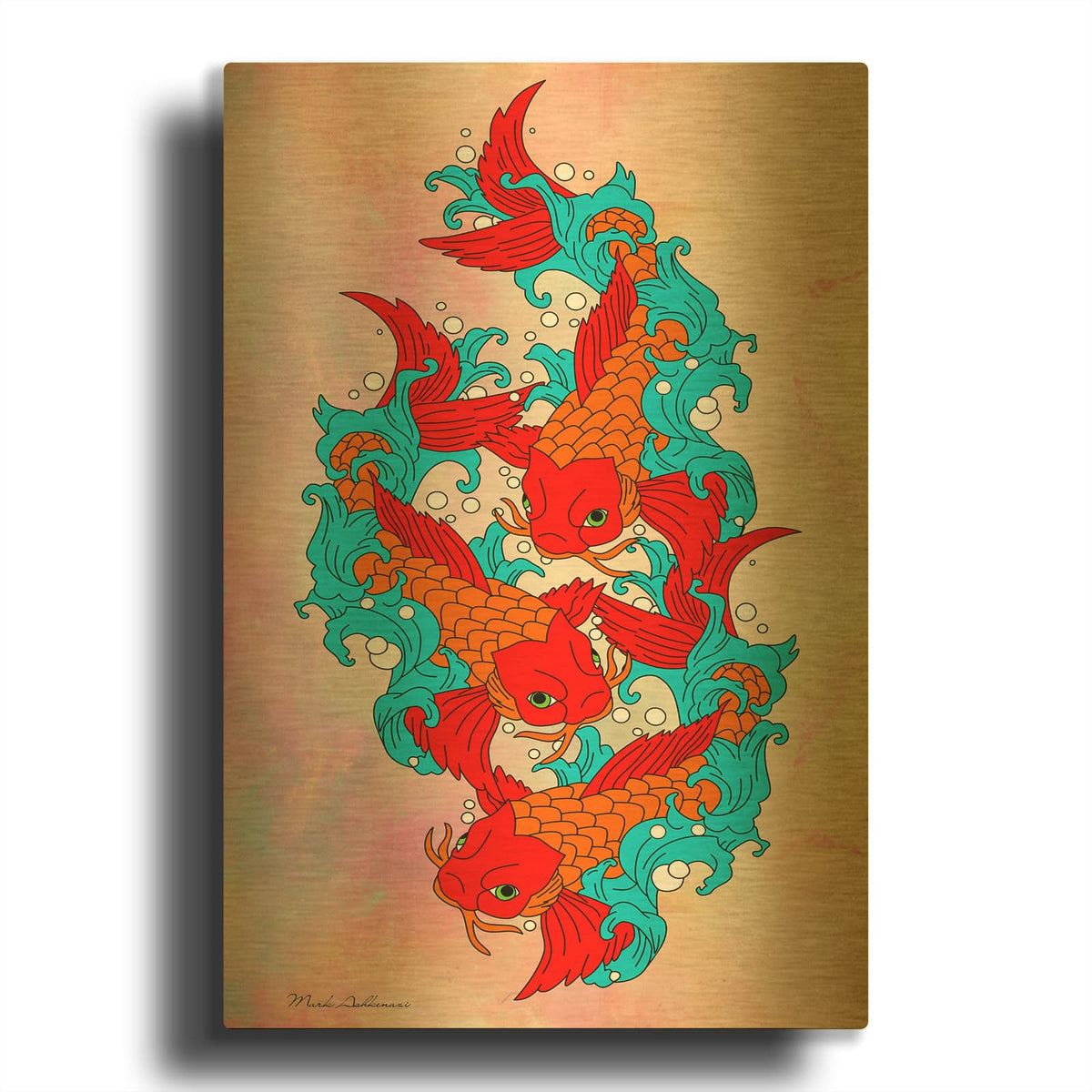'Koi Fish 5' By Mark Ashkenazi Gold Metal Wall Art