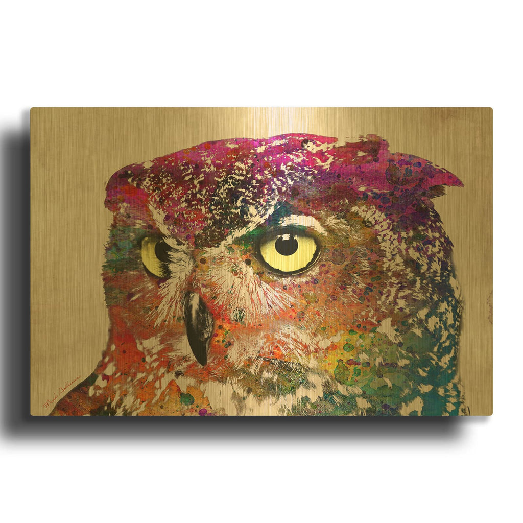 'Owl Drowing' By Mark Ashkenazi Gold Metal Wall Art