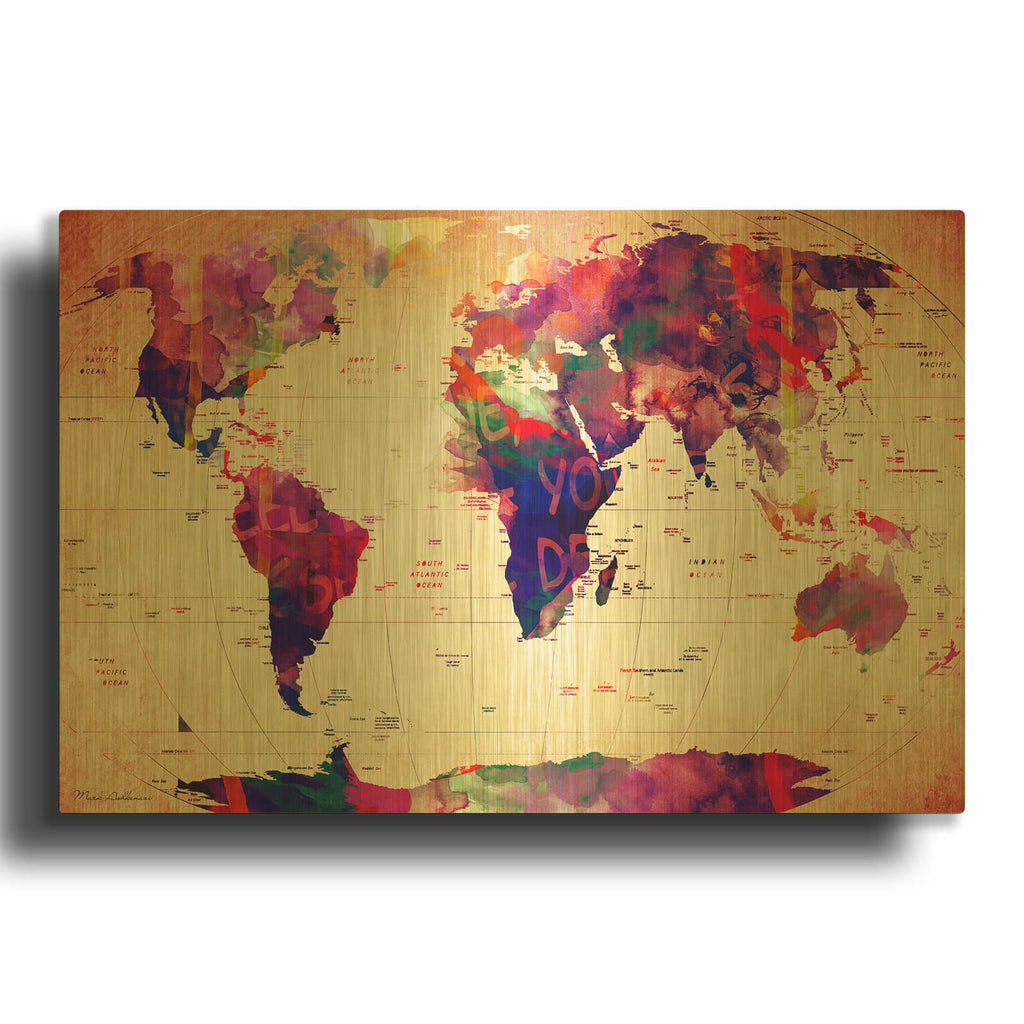 'Map Of The World Vintage' By Mark Ashkenazi Gold Metal Wall Art