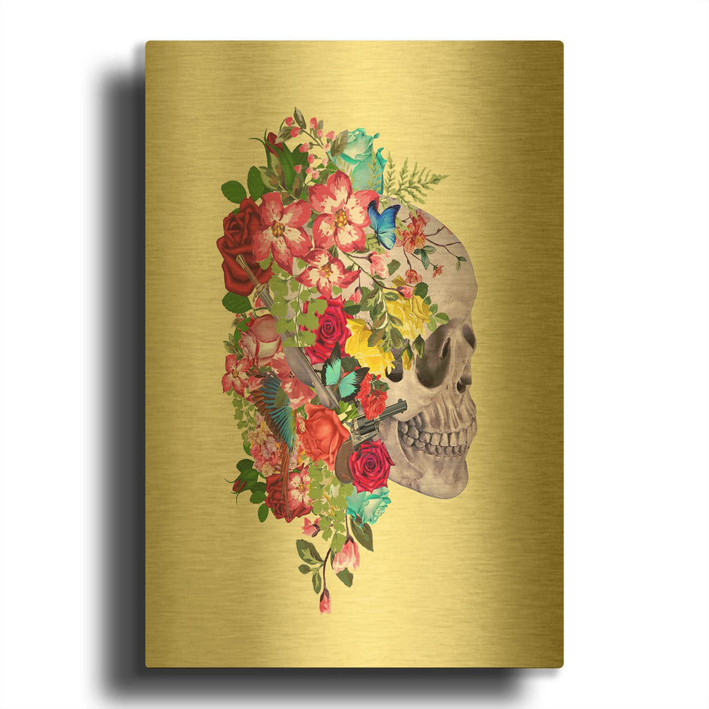 'Flowers Skulls Yelow' By Mark Ashkenazi Gold Metal Wall Art