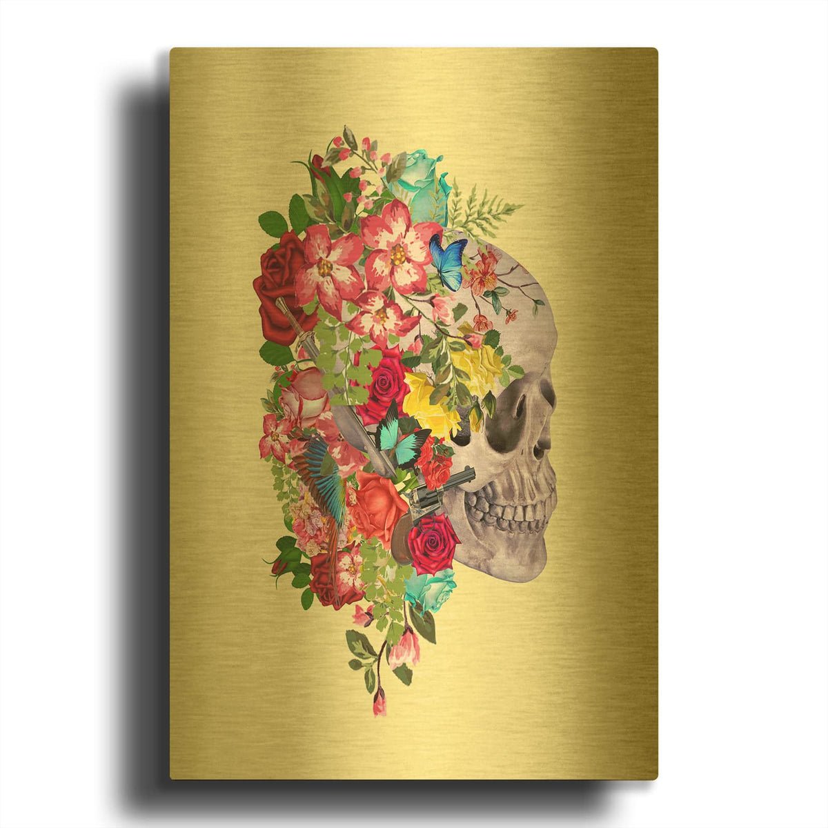 'Flowers Skulls Yelow' By Mark Ashkenazi Gold Metal Wall Art
